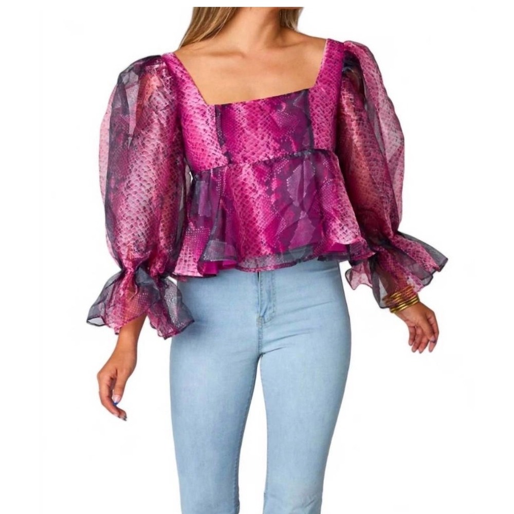 BuddyLove Fuchsia Organza Puff Sleeve Peplum Top NWT‎ Small